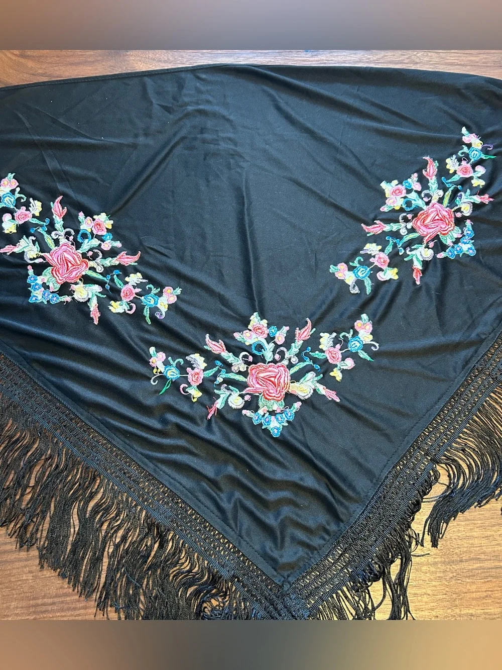 Black Triangle Shawl with fringe Multi-colored Floral Embroidered Mexican Floral